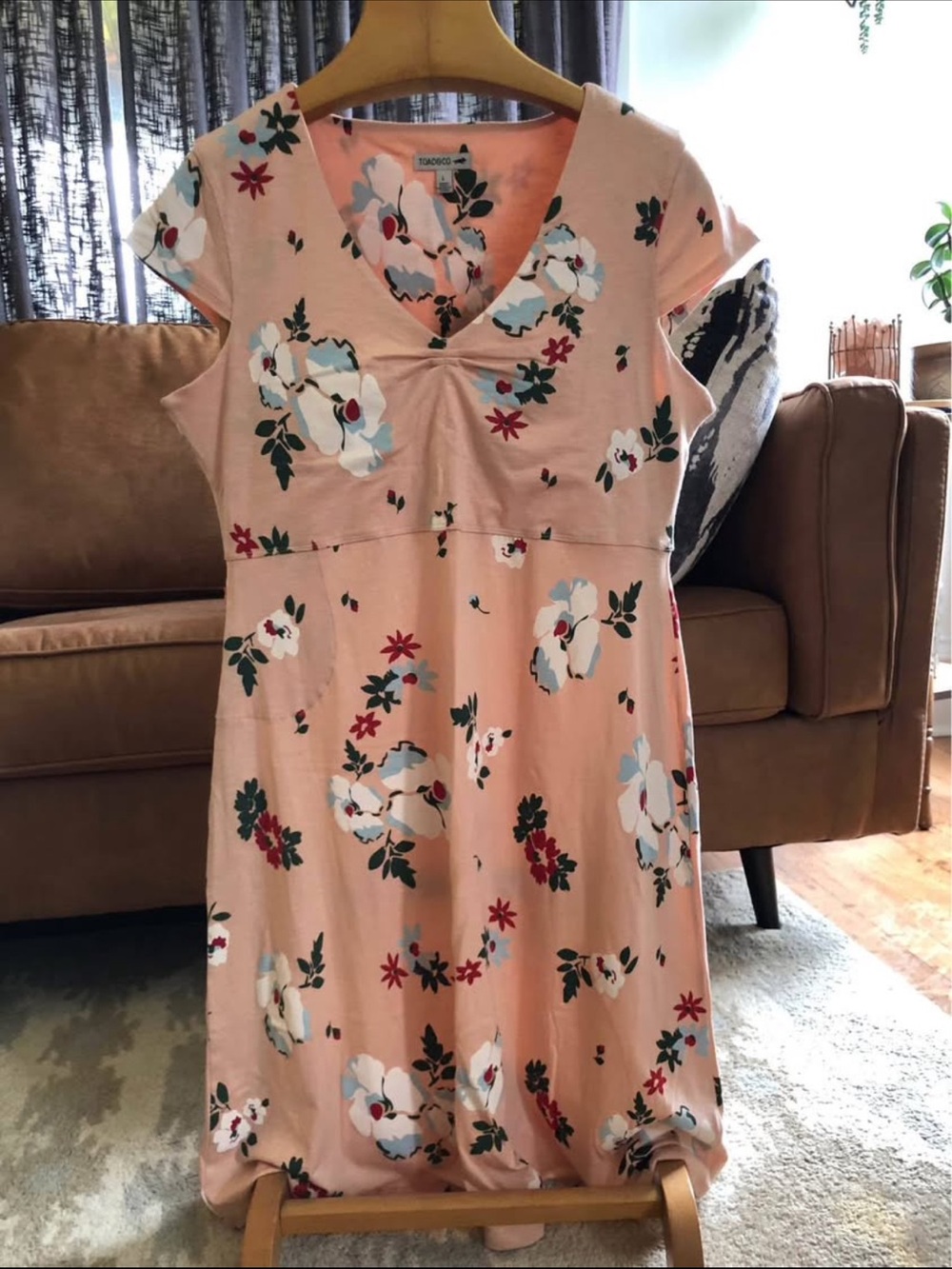 Toad&Co Rosemarie Dress Peach Floral Cap Sleeve Organic Cotton Sz L NWOT!